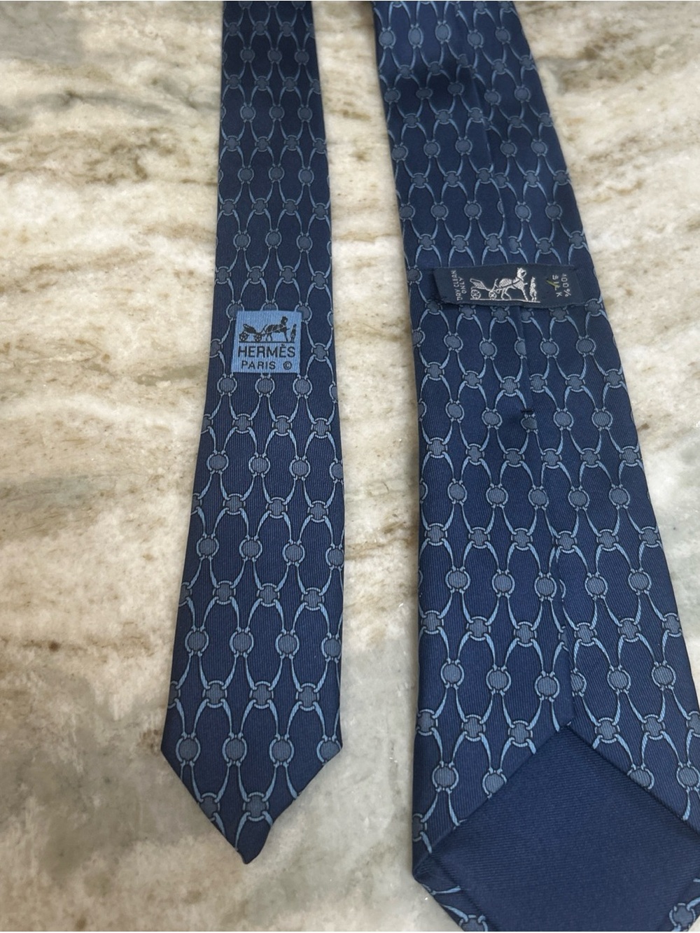Hermes Paris Men's Vintage 100% Silk Tie France Navy Blue Geometric . Estate